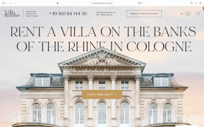 Villa Boisserée website uses the top empty space of the hero image to position their headline that reads ‘Rent a villa on the banks of the Rhine in Cologne.’